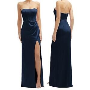 NWT After Six Strapless Topstitched Corset Satin Gown Draped Column Skirt Blue